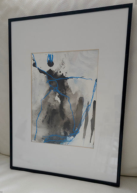 Victoire - peinture et dessin personnage filiforme bleu, passe partout 30x40cm+cadre