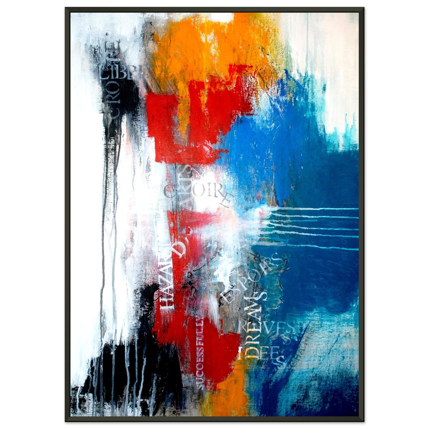 Tableau abstrait contemporain Au-delà des rêves avec typographie, aplats rouges et bleus sur papier d'art encadré
