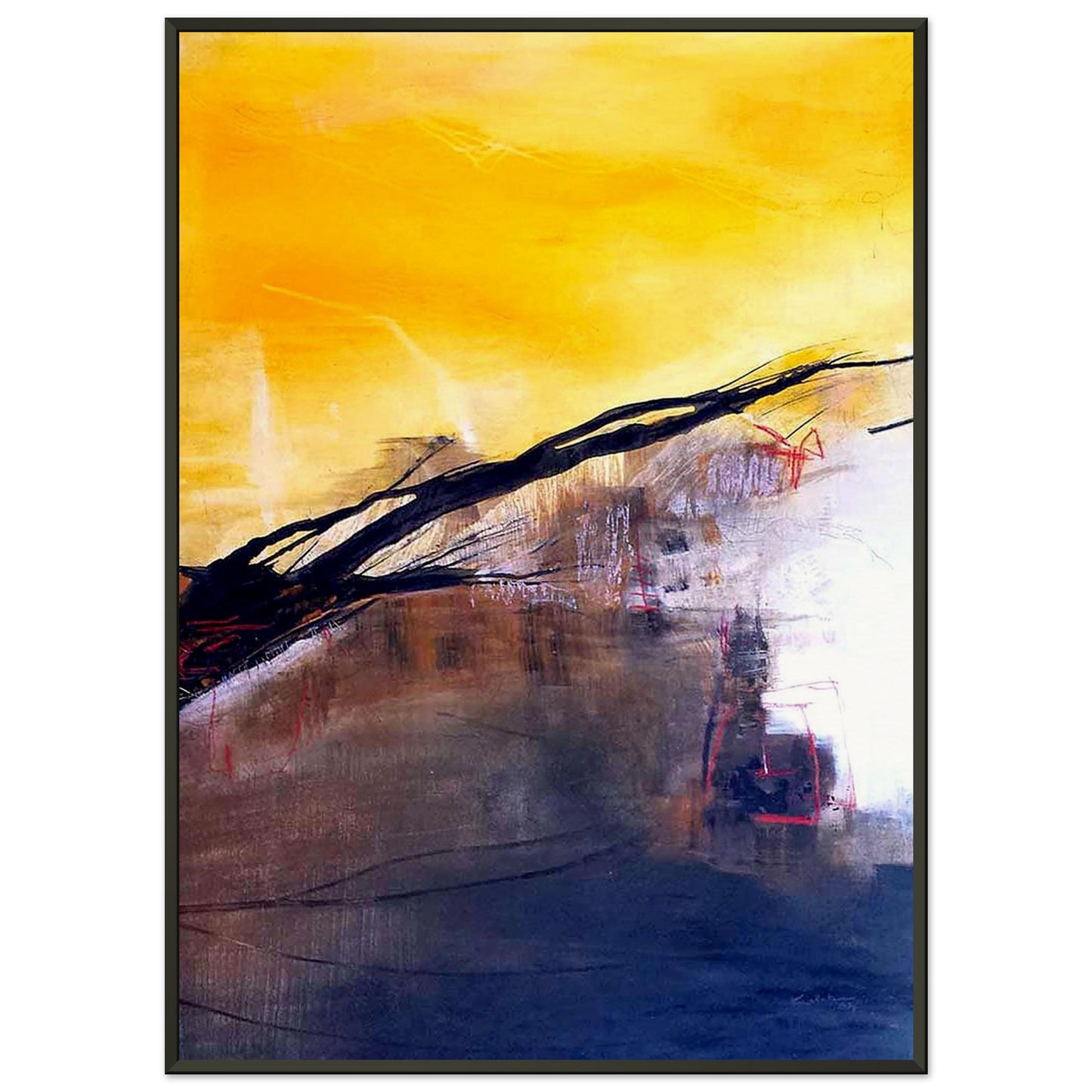 Espoir retrouvé, peinture abstraite contemporaine de Kellestom aux tons jaunes, noirs et gris, inspirée d'une œuvre originale disparue en 2014.