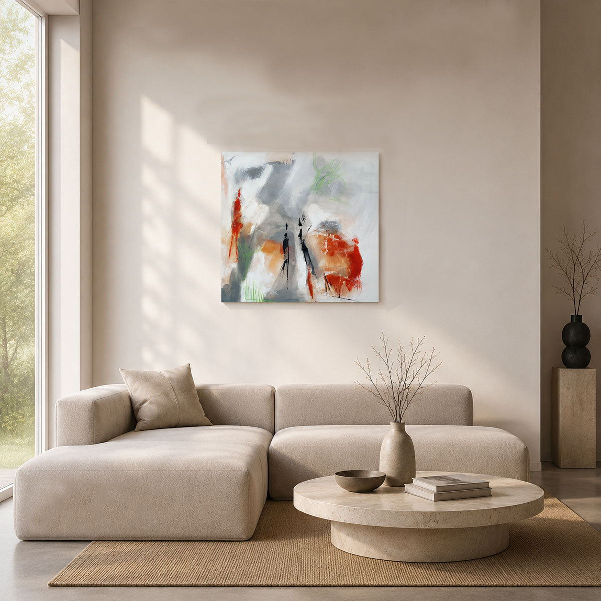 peinture abstraite 100x100cm contemporaine grise et orange traits noirs réalisée par Kellestom