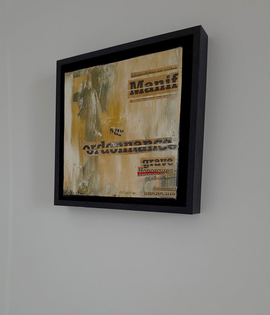 Peinture contemporaine "Manif sur Ordonnance" 20x20cm par l'artiste Kellestom, technique mixte , collage et cadre noir