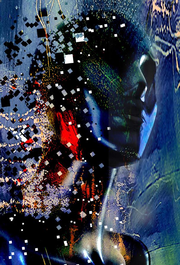 Buste androïde sombre se désintégrant en pixels et carrés lumineux sur fond bleu et vert texturé. Art numérique 80x60cm
