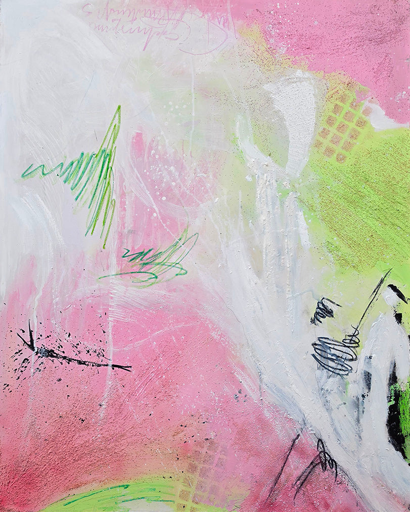 Peinture abstraite Pluie de Printemps 80x100 cm par Kellestom - Tons rose et vert