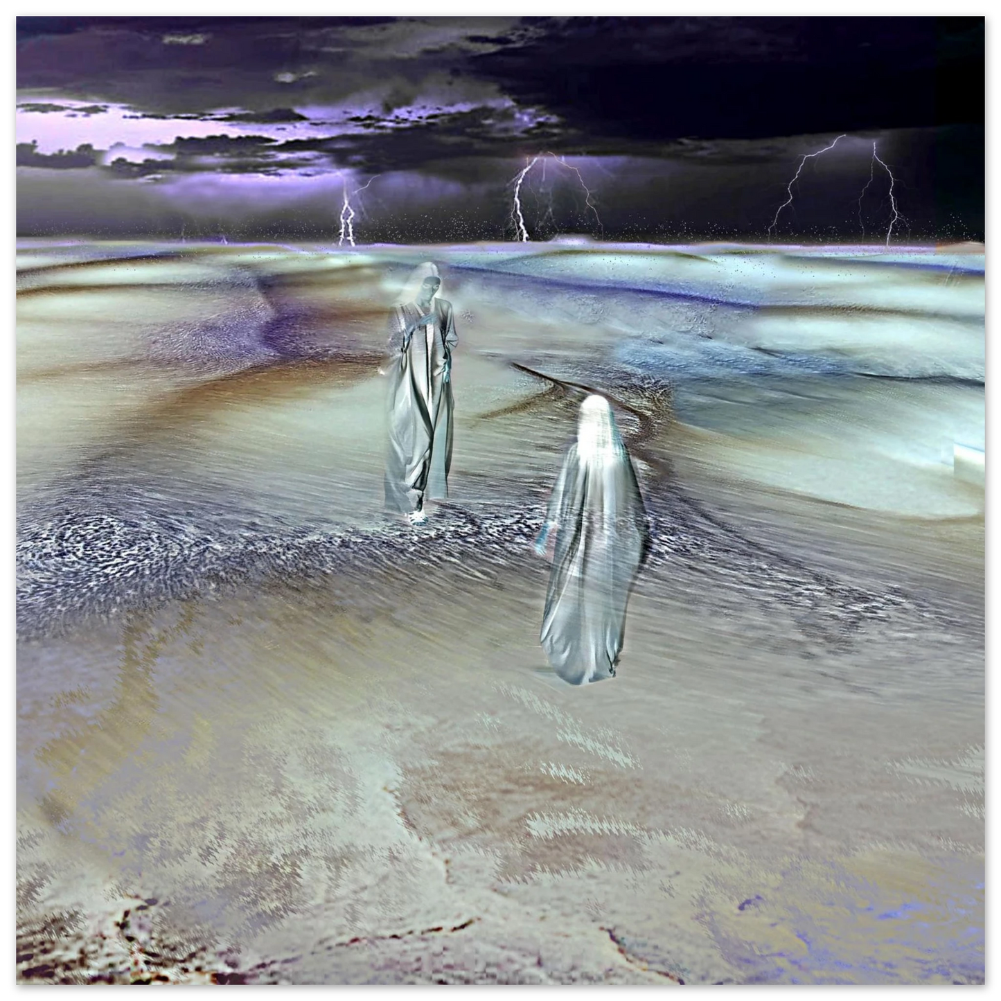 art numérique surréaliste. Une œuvre qui évoque l’errance intérieure, la présence invisible et les traces laissées par l’absence. 50x50cm