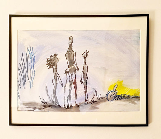 dessin encadré, 3 silhouettes abstraites à l’encre noire et aquarelle sur papier dans une ambiance poétique aux nuances bleues et jaunes.