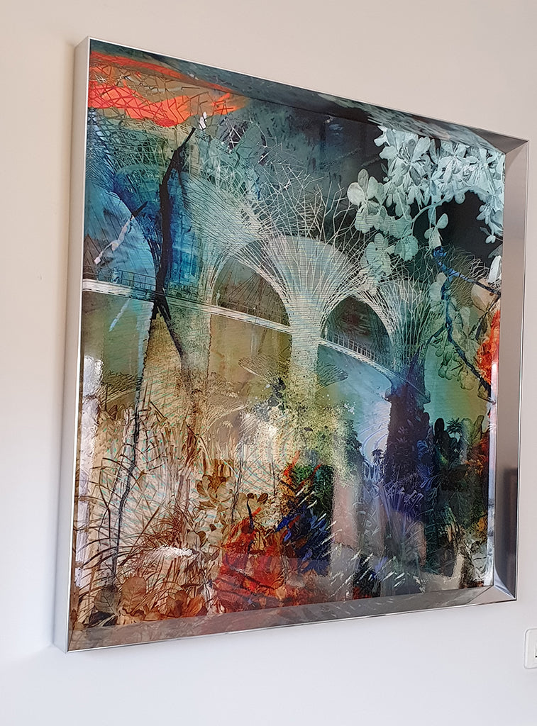 Singapore giant trees - paysage futuriste- art digital alu 80x80cm, cadre 3D alu poli.