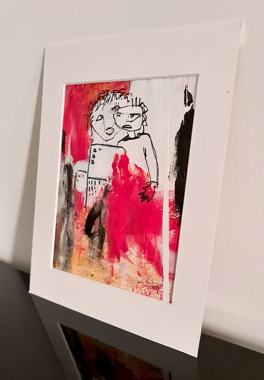 Pensif - 2 personnages blancs sur fond rouge, passe partout blanc 20,5x19,5cm