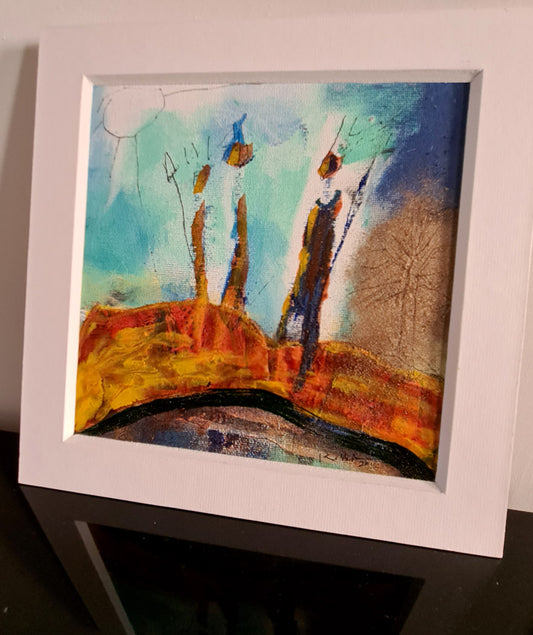 Confidences - peinture silhouettes, ciel et soleil. Passe partout 25x25cm