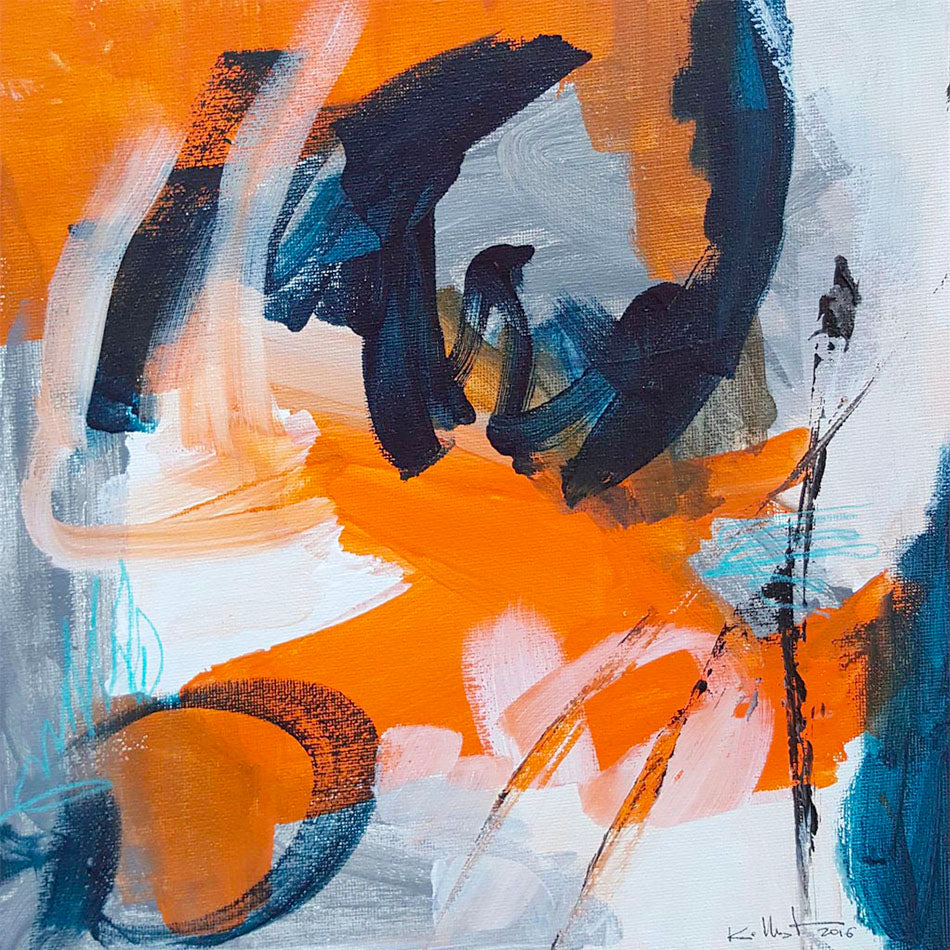 Corail -peinture orange et bleu carton toilé 25x25cm