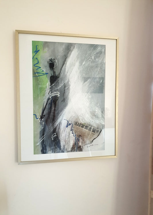 Héros de l'ombre-peinture personnage noir filiforme sur fond blanc/gris- cadre 40x50cm