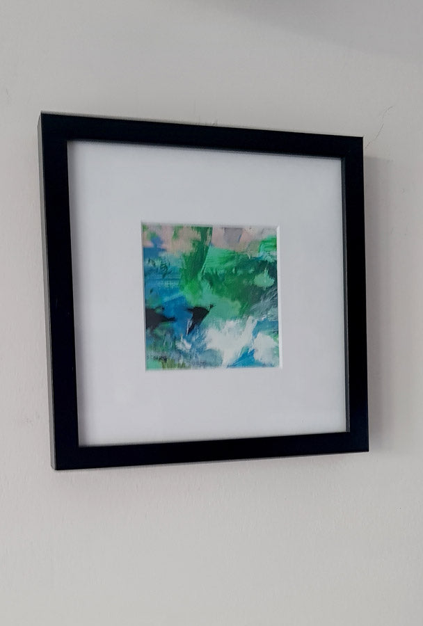 peinture abstraite vert et bleu 10x10cm encdrée