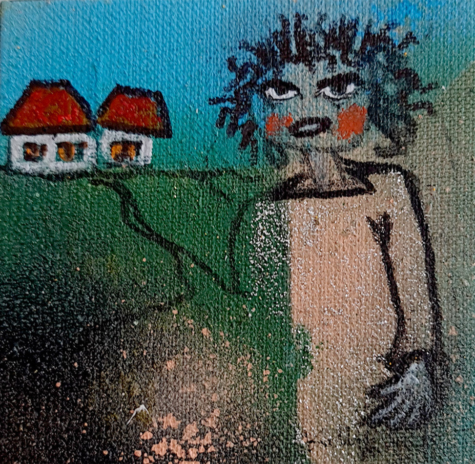 peinture avec dessin femme au regard vif 10x10cm