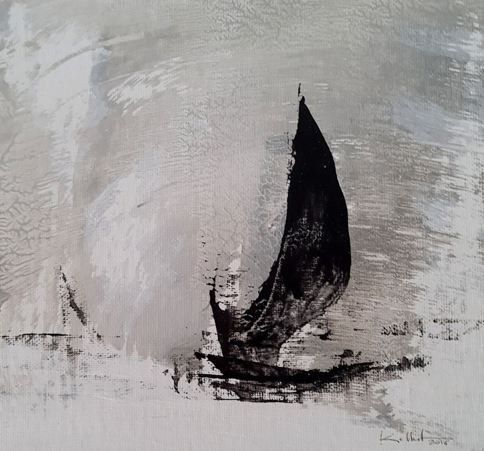 Halong Bay - peinture d'une voile noire noir sur fond gris. Carton toilé 19x19cm