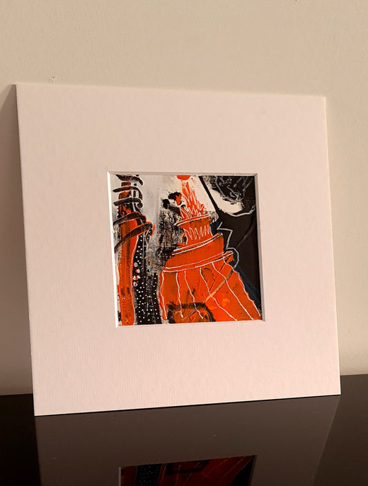 peinture abstraite 10x10cm couleur orangé foncé , noir et blanc