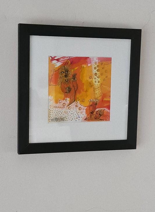 peinture encadrée, personnage sur fond jaune or et orange