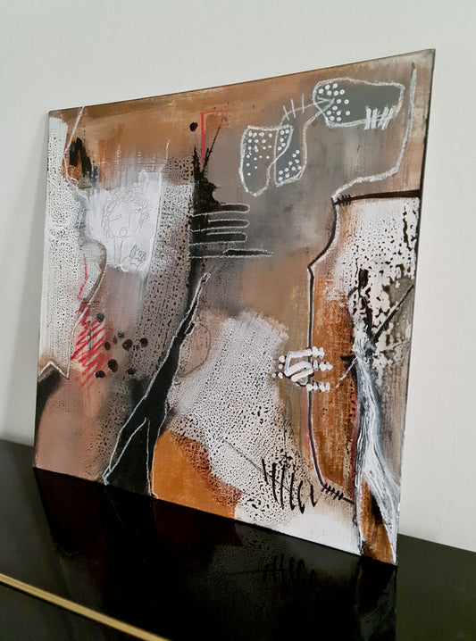 Mille pensées -peinture abstraite brun-blancs, traits rouges 36x36cm carton toilé