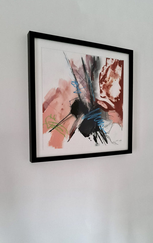 peinture abstraite encadrée 40x40cm couleur rose et noir