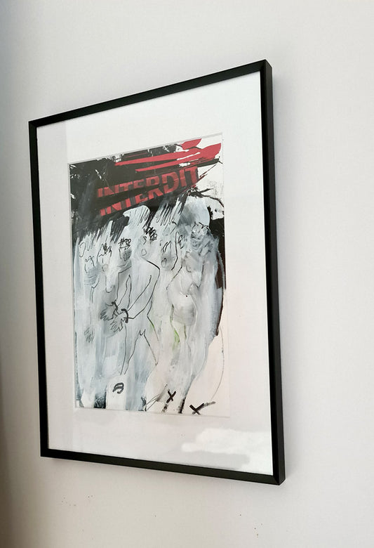 Interdit - dessin, foule en colère, texte interdit - passe partout 30x40cm