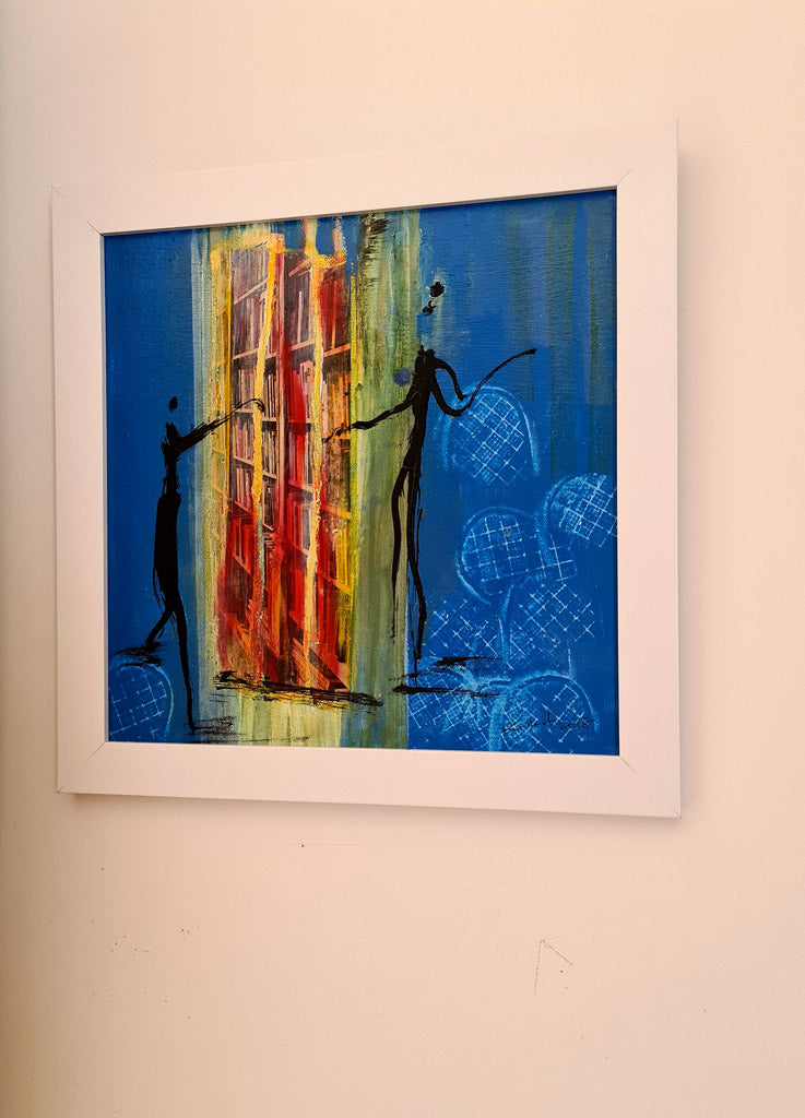 Biblio - peinture fond bleu silhouettes noires- cadre 30x30cm