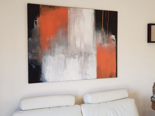Composition abstraite inspirée des systèmes de perception urbaine. Peinture abstraite 97x130cm tons orangés et blancs avec du noir- Kellestom