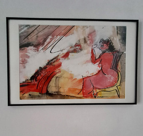 Peinture expressive sur papier Fougue - silhouette rouge sur fond ocre et blanc avec traits dynamiques noirs - Kellestom