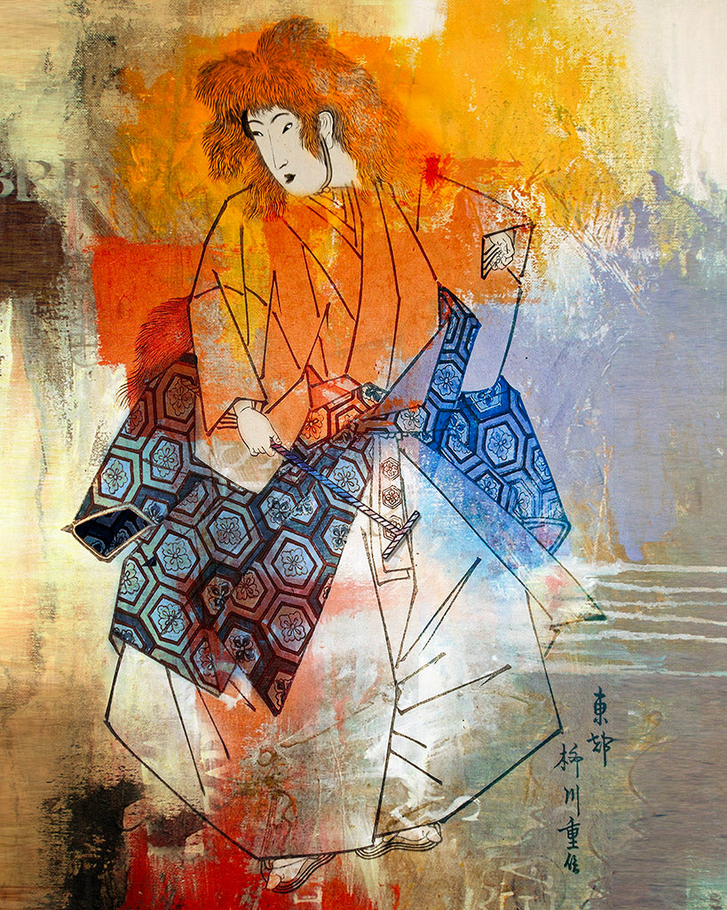 série de dix estampes explore la fusion de la tradition japonaise avec des éléments contemporains avec cadre doré 40x50cm