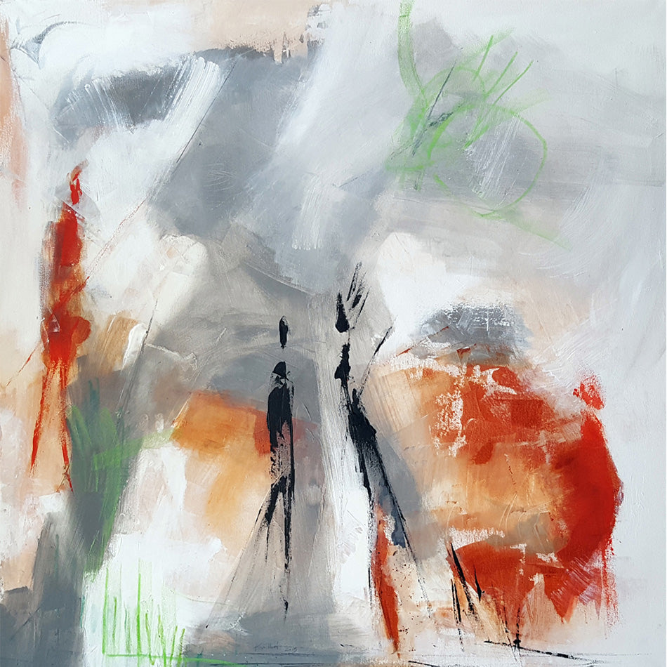 Peinture abstraite  100x100cm sur toile contemporaine grise et orange traits noirs réalisée par Kellestom