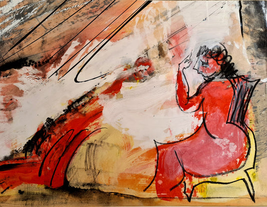 Peinture expressive sur papier Fougue - silhouette rouge sur fond ocre et blanc avec traits dynamiques noirs - Kellestom