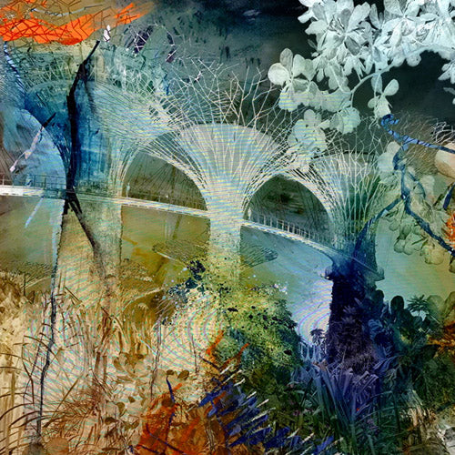 Art digital futuriste Singapore Giant Trees par Kellestom, impression sur alu 80x80cm avec cadre 3D alu poli
