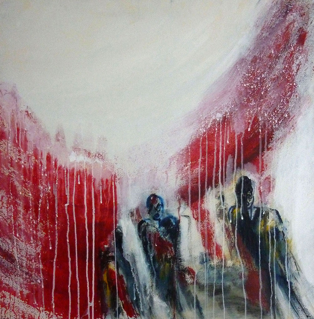 Peinture abstraite "Violence" de Kellestom, silhouettes sombres sur un fond rouge et blanc, traversées de longues coulures de peinture. 80x80cm