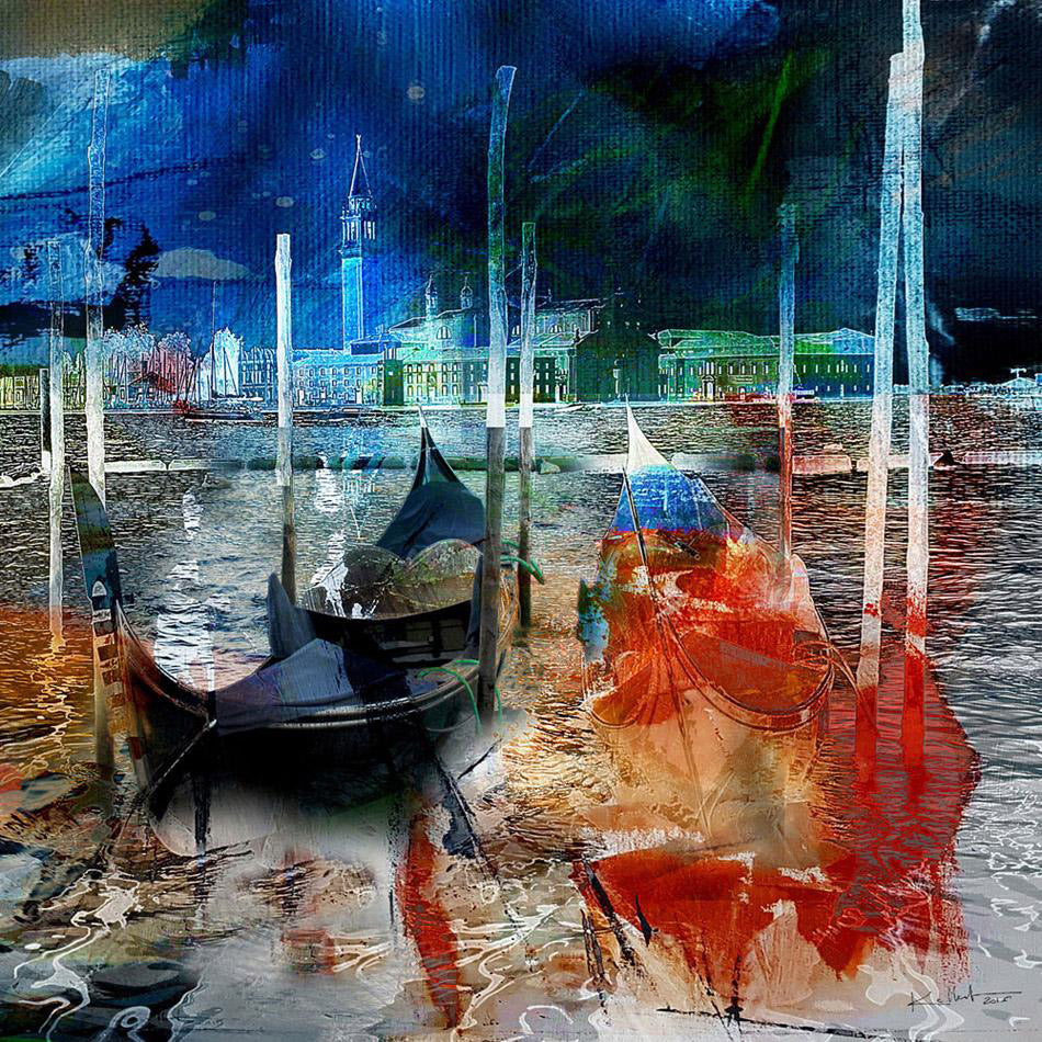 Art numérique de Venise 80x80 cm représentant des gondoles amarrées sur la lagune face au campanile, style abstrait bleu et orange