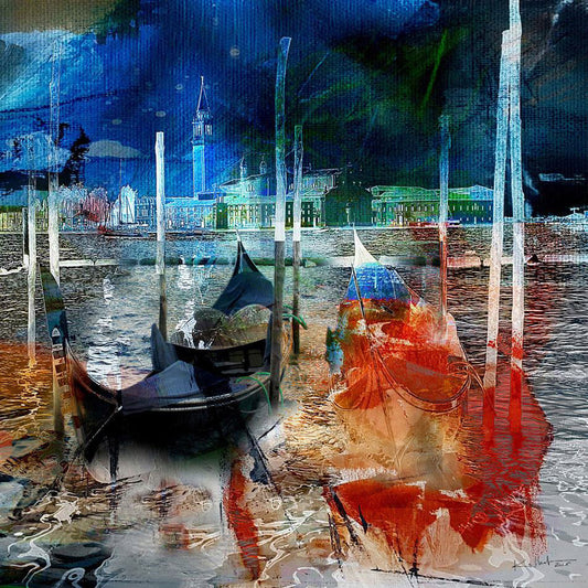 Art numérique de Venise 80x80 cm représentant des gondoles amarrées sur la lagune face au campanile, style abstrait bleu et orange