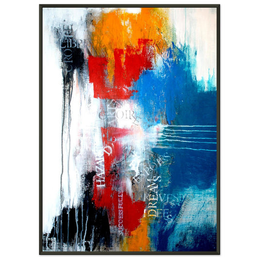Tableau abstrait contemporain Au-delà des rêves avec typographie, aplats rouges et bleus sur papier d'art encadré