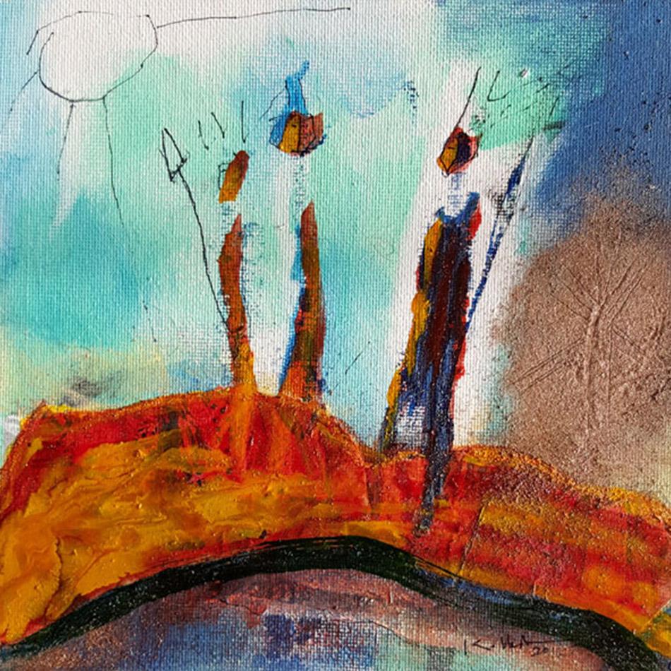 Confidences, toile abstraite contemporaine aux tons rouges, ocres et bleus avec formes verticales sous un ciel lumineux. passe partout 3D. 25x25cm