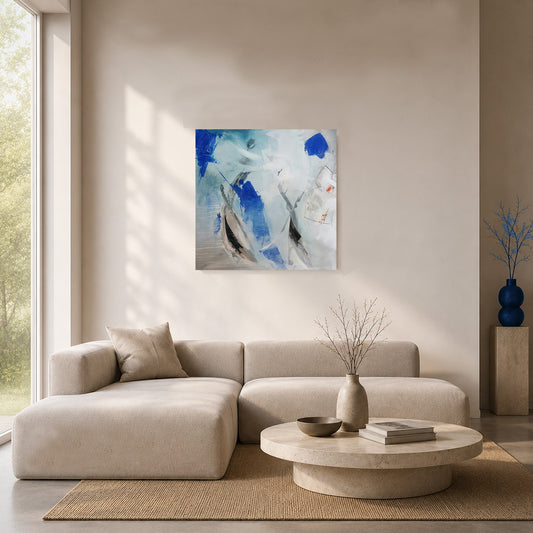 Peinture abstraite contemporaine 100x100cm bleue, gris et blanc réalisée par Kellestom