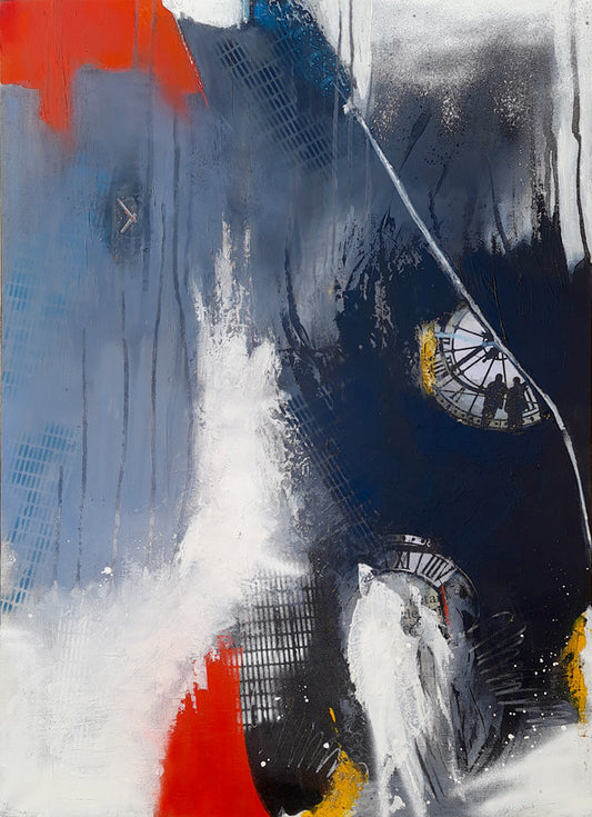 Tableau abstrait contemporain bleu noir rouge avec horloges et silhouettes - Kellestom
