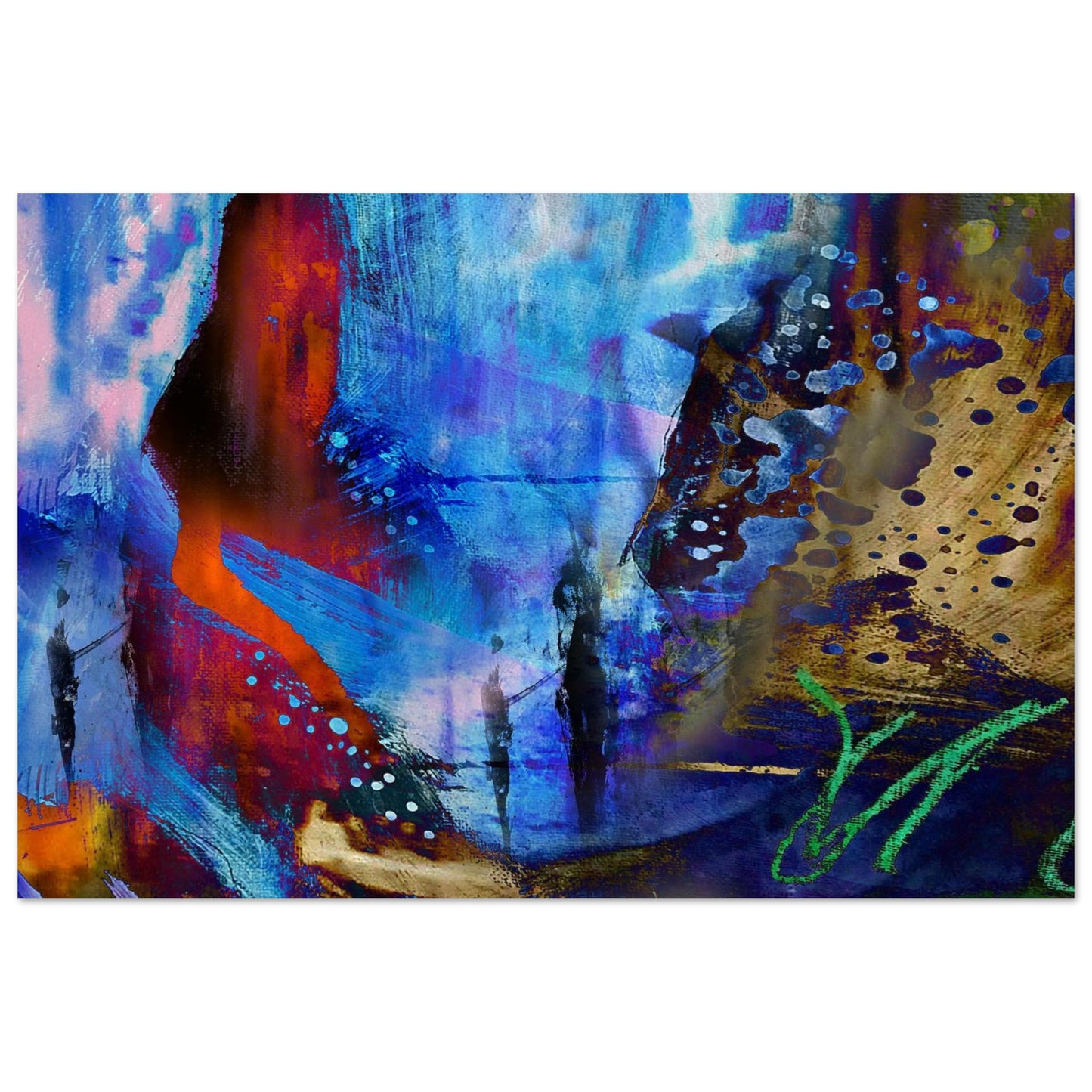 création d'art numérique abstraite intitulée "Évanescence Bleue", mettant en scène une silhouette rouge sur un fond de textures bleues, dorées et urbaines - Kellestom
