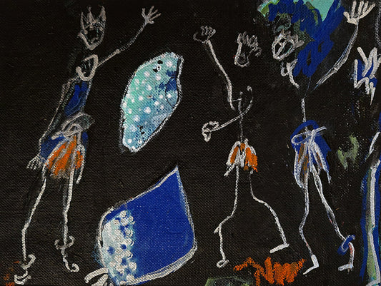 Peinture expressionniste de Kellestom sur fond noir intitulée "Joie de vivre" passe partout 24x30cm