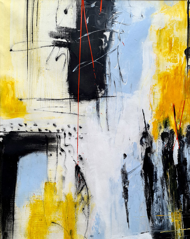 "Kingdom" peinture abstraite blanc, jaune,noir bleu pale avec traits fins rouges vifs