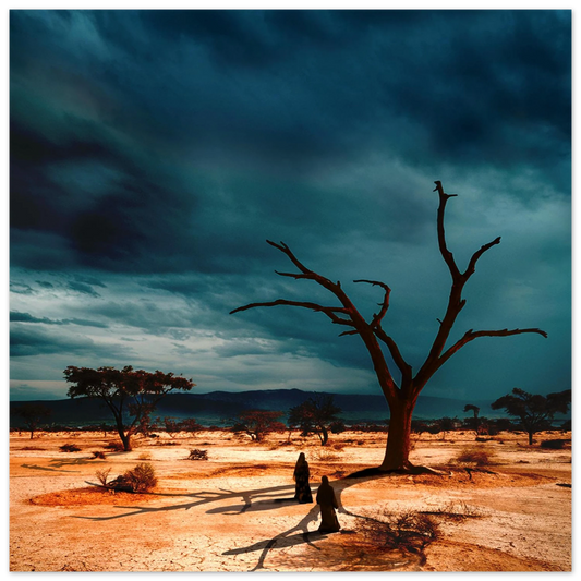 Une atmosphère dramatique et mystérieuse, évoquant la dualité entre le désert et la violence d'un ciel noir illuminé.