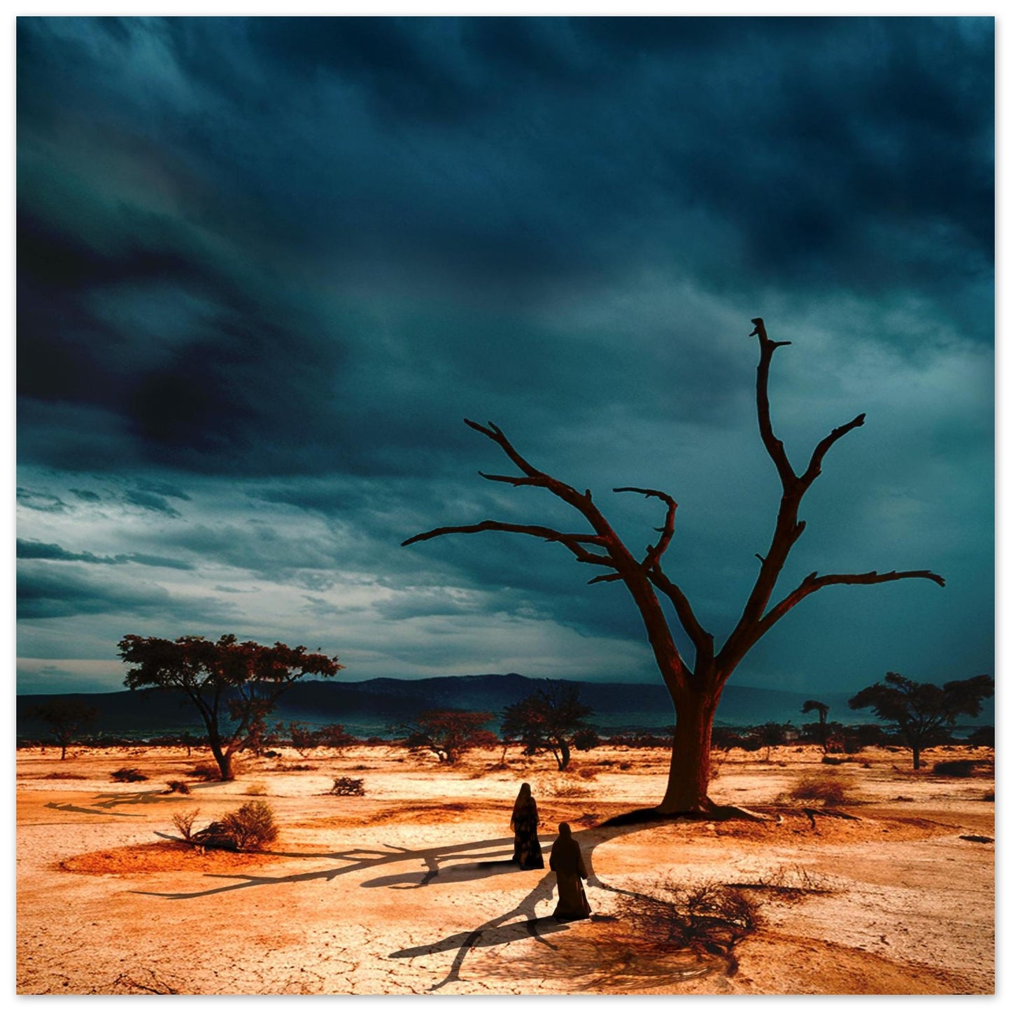 une œuvre numérique hypnotique de 50x50 cm. Un paysage aride surmonté d'un ciel d'orage aux jeux de lumière et d'ombres captivants.