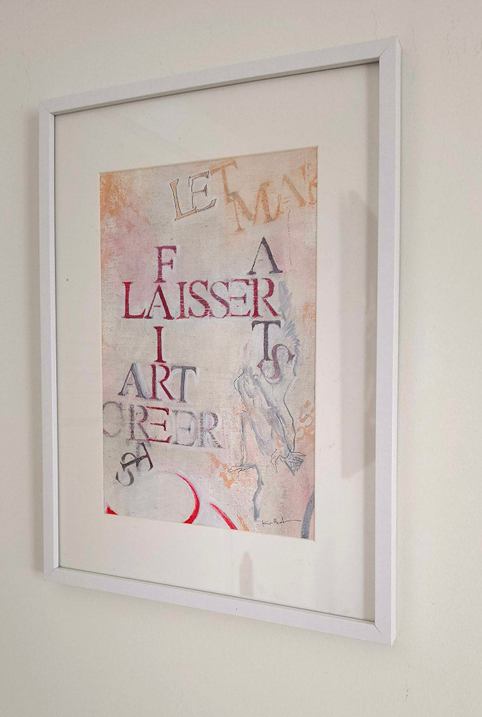 œuvre abstraite originale sur toile  à travers un jeu de lettres croisées,« LAISSER FAIRE », « ART », et « CRÉER "