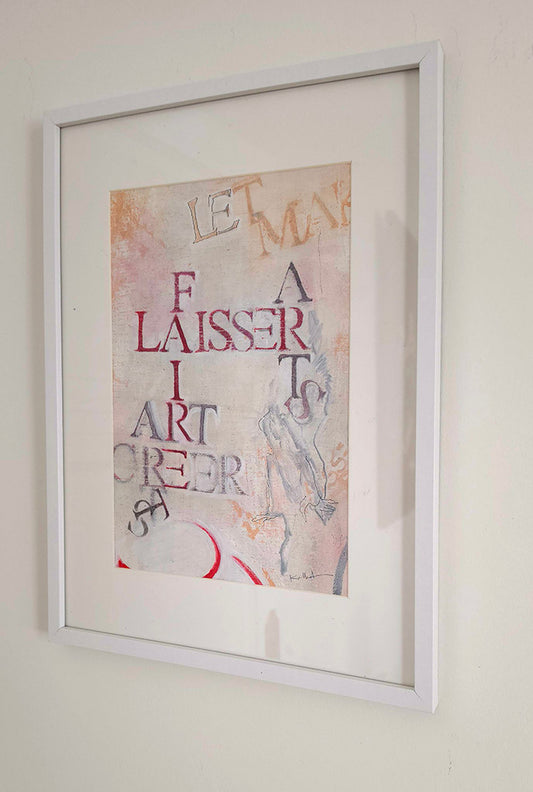 œuvre abstraite originale sur toile  à travers un jeu de lettres croisées,« LAISSER FAIRE », « ART », et « CRÉER "