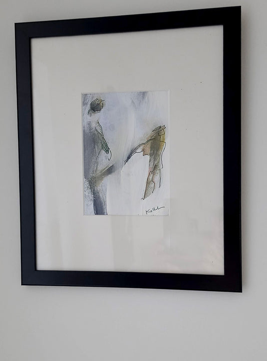 Le Lien invisible, peinture avec cadre noir de  24x30cm format 11x15cm  de Kellestom, artiste plasticienne française