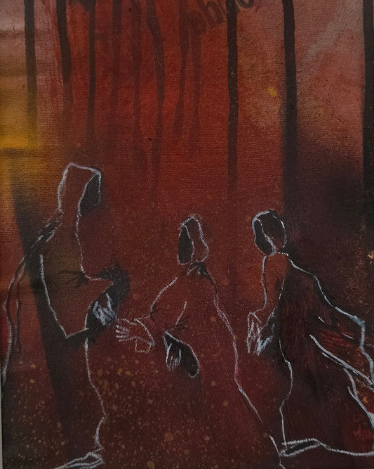 Le passage secret, petite peinture sur toile de Kellestom représentant trois silhouettes sombres aux contours clairs sur un fond rouge brun et ocre, 24 × 17 cm.