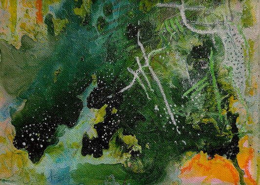 peinture abstraite dominante verte avec  de l'orange clair en bas à droite 20x30cm par Kellestom