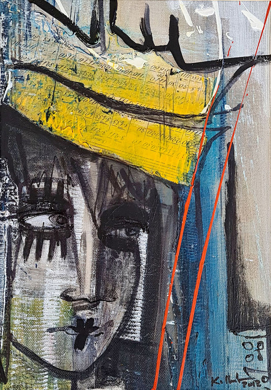 Manhattan sous le voile noir, peinture acrylique sur toile avec cadre, collage et dessin de Kellestom, 30 x 40 cm