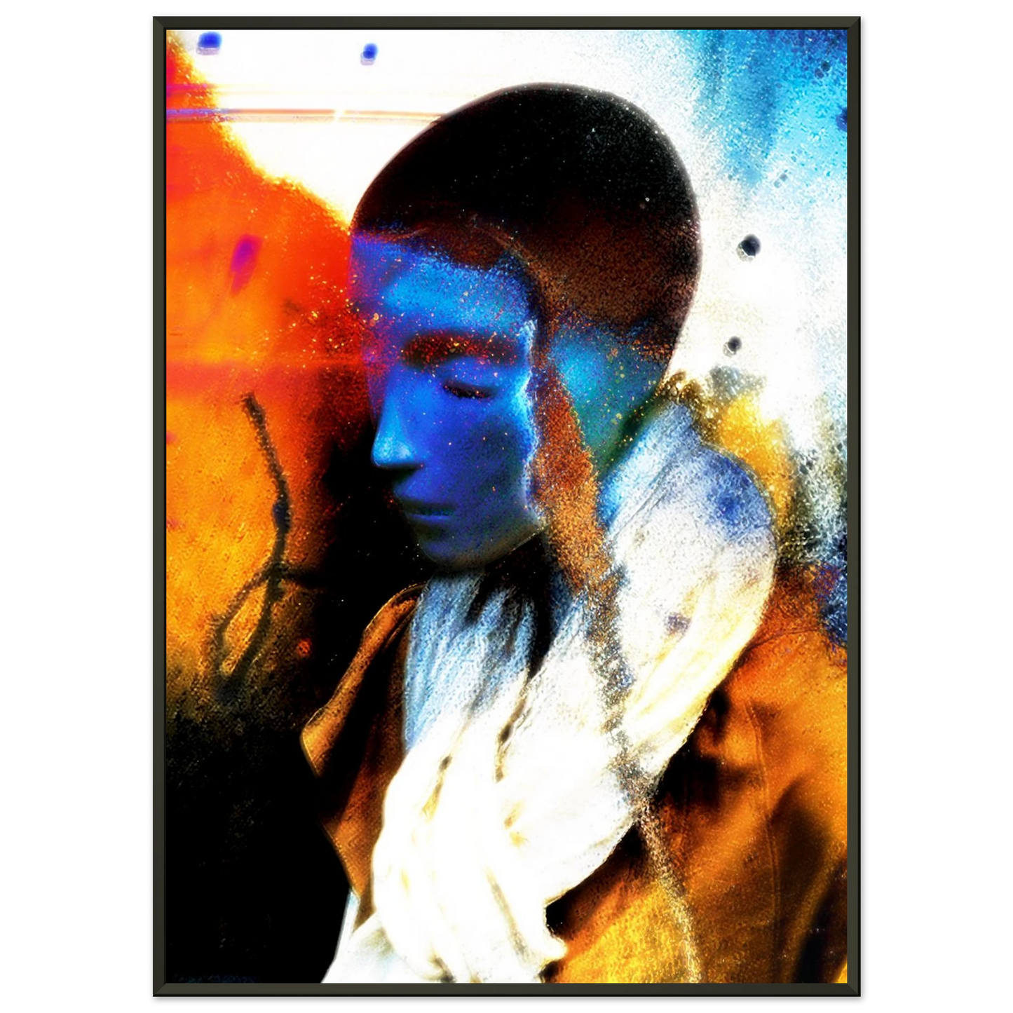 Le contraste entre le visage bleu, très calme (les yeux fermés), et le chaos coloré autour est saisissant. On dirait une personne qui se retire en elle-même au milieu d'un monde trop stimulant. avec cadre noir 70x50cm