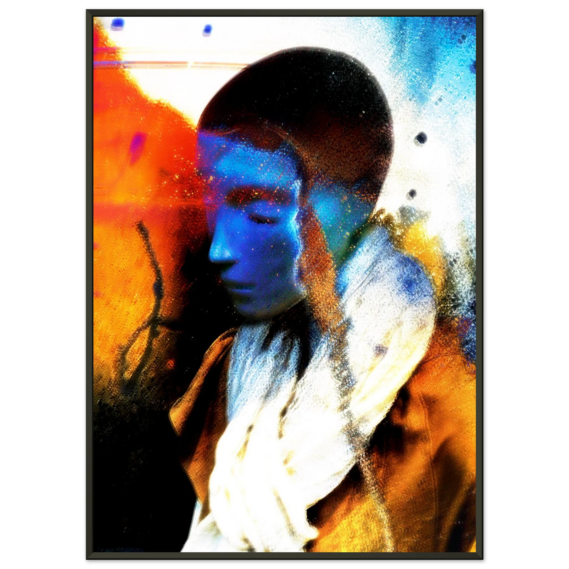 Le contraste entre le visage bleu, très calme (les yeux fermés), et le chaos coloré autour est saisissant. On dirait une personne qui se retire en elle-même au milieu d'un monde trop stimulant. avec cadre noir 70x50cm