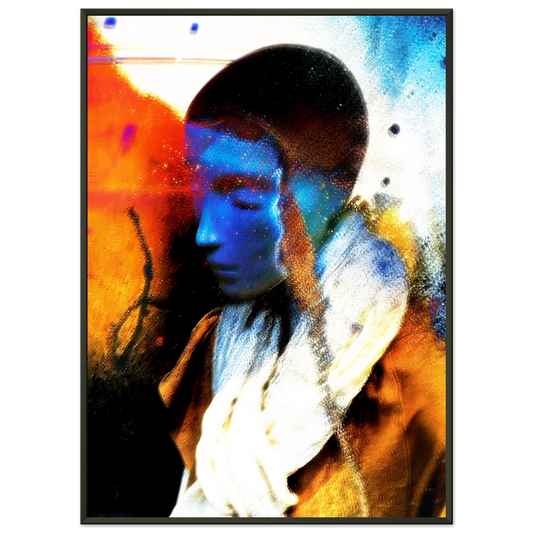 Le contraste entre le visage bleu, très calme (les yeux fermés), et le chaos coloré autour est saisissant. On dirait une personne qui se retire en elle-même au milieu d'un monde trop stimulant. avec cadre noir 70x50cm